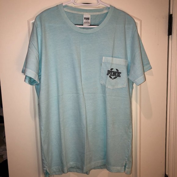 PINK Victoria's Secret Light Blue Cotton T-Shirt with Embroidery Logo Size L - Picture 1 of 3